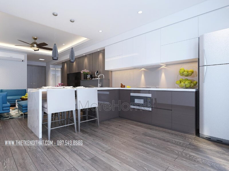 Mẫu tủ bếp gỗ công nghiệp được thiết kế phân chia nhiều ngăn giúp cho người nội trợ dễ dàng hơn trong việc sắp xếp và nấu nướng Tủ bếp hiện đại