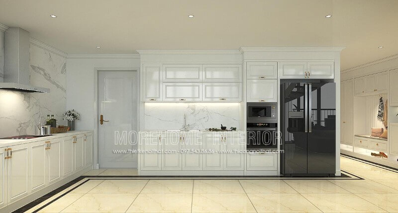 Tủ bếp hiện đại kiểu dáng chữ i đầy ấn tượng, khu vực nấu nướng bếp nóng và khu vực sơ chế thực phẩm được bố trí hợp lí, đảm bảo công năng sử dụng cũng như thuận tiện di chuyển trong quá trình nấu nướng của gia chủ Tủ bếp hiện đại