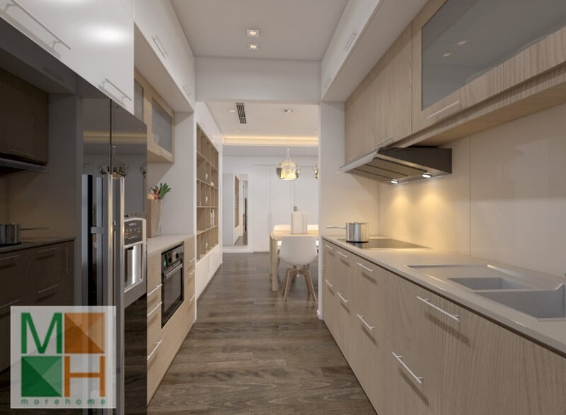 Thiết kế phòng bếp chung cư đẹp với hệ tủ bếp gỗ công nghiệp hiện đại,thông minh Thiết kế nội thất phòng bếp
