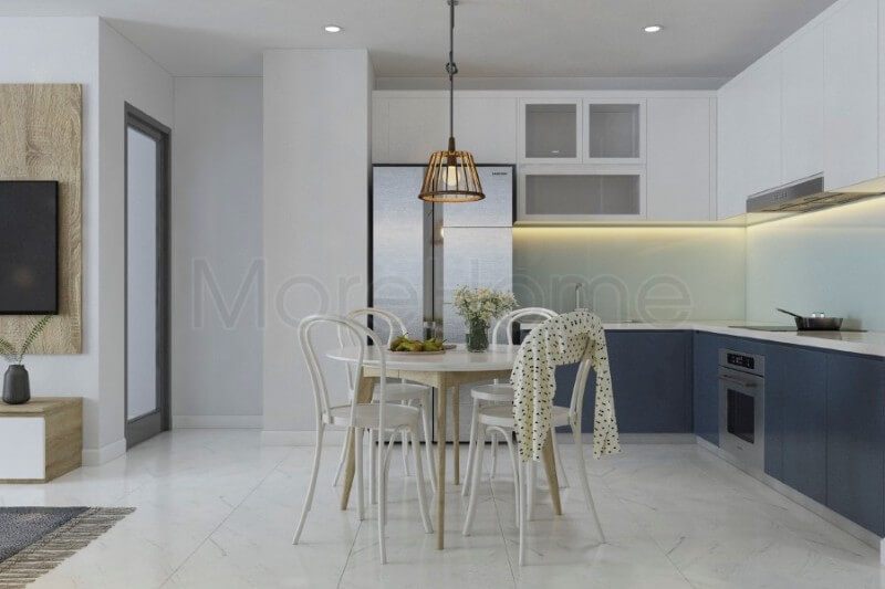 Thiết kế nội thất phòng bếp chung cư sử dụng những tone màu đơn giản, không nhấn mạnh vào chi tiết, gợi một cảm giác khá lạnh, tuy nhiên chính sự lạnh này lại mang đến cho căn bếp sự sạch sẽ và tinh tế.