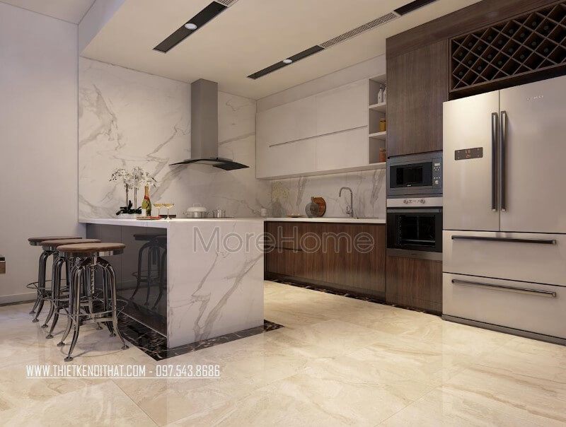 Thiết kế phòng bếp hiện đại hình chữ U rộng rãi với việc kết hợp với bàn bar tiện lợi hơn cho người đầu bếp