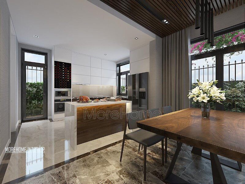 Bố trí phòng bếp biệt thự hiện đại với thiết kế theo cách hướng tới tự nhiên với ánh sáng được tận dụng một cách tối đa trong mọi góc cạnh ngôi nhà.