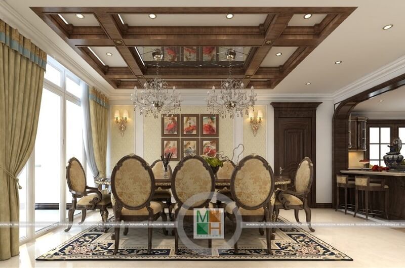 Bộ bàn ăn gỗ óc chó với phong cách tân cổ điển, màu vàng ánh kim làm cho nó lôi cuốn và cao cấp.